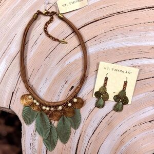 Vintage St Thomas Leaf Copper Pearl Necklace & Matching Dangling Pierce Earrings